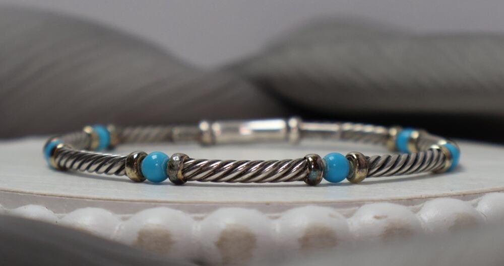 David Yurman 925 & 14k Turquoise Bead Cable Bracelet 9.6G / 7in